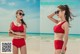 A woman in a red bikini standing on a beach.