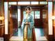 A woman in a blue and yellow kimono standing in a hallway.